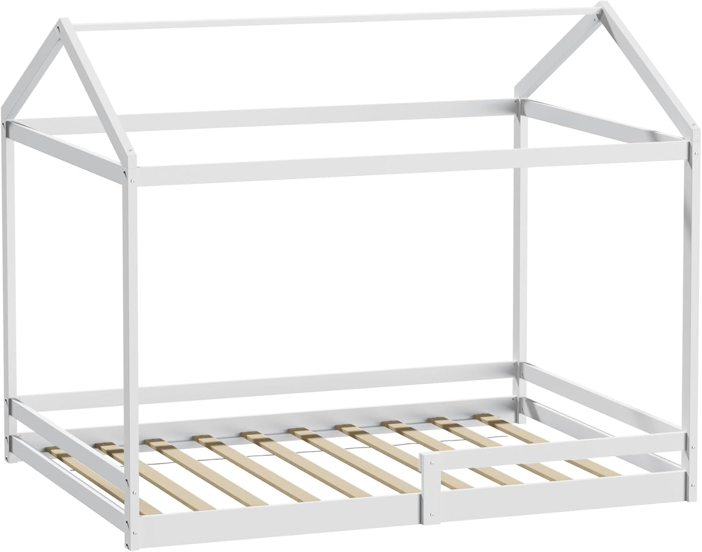 Oikiture Kids Double Bed Frame, Wooden Bed Frame with Pine Wood Timber Platform Bed Slat Support for Baby Toddler, White