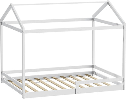 Oikiture Kids Double Bed Frame, Wooden Bed Frame with Pine Wood Timber Platform Bed Slat Support for Baby Toddler, White