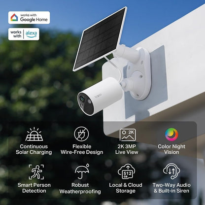 TP-Link Tapo Smart Home Solar-Powered Security Camera Kit, Wireless, 2K 3MP, IP65, Colour Night Vision, Person Detection, Notification, No Hub Required, SD Card Slot, App Remote Control (TC82 KIT)