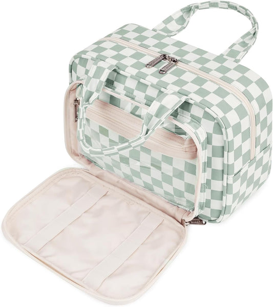 Narwey Full Size Checkered Toiletry Bag Women Travel Toiletries Bag Make Up Bag Large Cosmetic Makeup Organizer Bag for Travel Accessories Essentials (Mint Green Checkerboard)