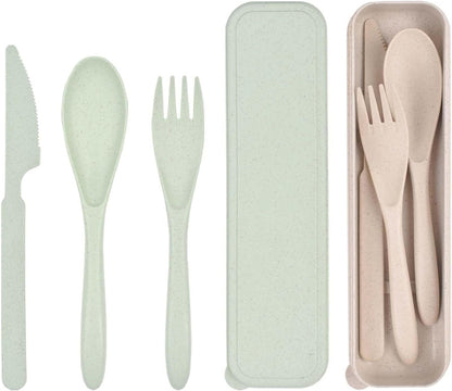 2 Sets Reusable Utensils Set with Case, Portable Camping Fork Knife Spoon Cutlery Set, Wheat Straw Travel Utensils, Tableware for Kids Adults Travel Picnic Camping Utensils (2 Color)