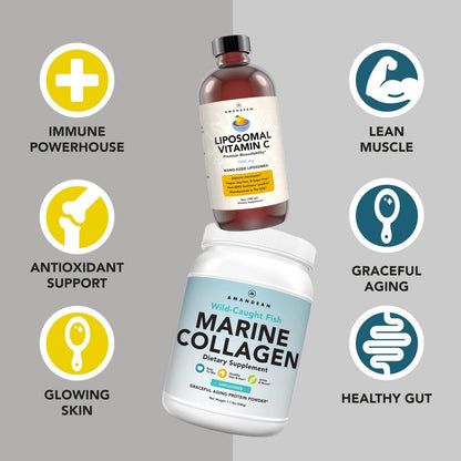 Marine Collagen Powder + Vitamin C - Perfect Skin from Within Combo. Wild-Caught Cod Fish Peptides, Liposomal VIT C Liquid 1000mg. Boost Production and Synthesis for Healthy Aging, Beauty, Wellness.