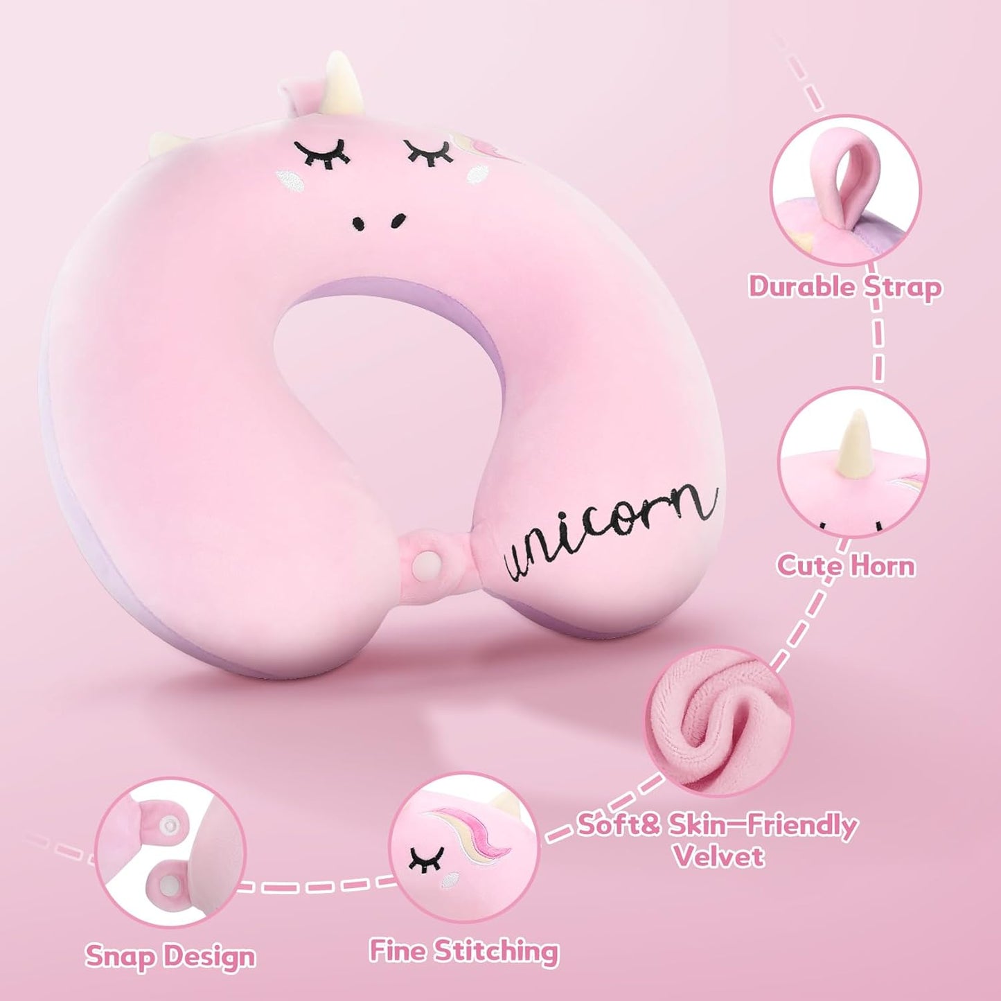 Kids Travel Pillow,Unicorn Toddler Neck Pillow for Kids Traveling with Eye Mask,U-Shaped Airplane Flight Car Head Neck Support Memory Foam Pillow for Adults,Gifts for Children,Boys,Girls (Pink)
