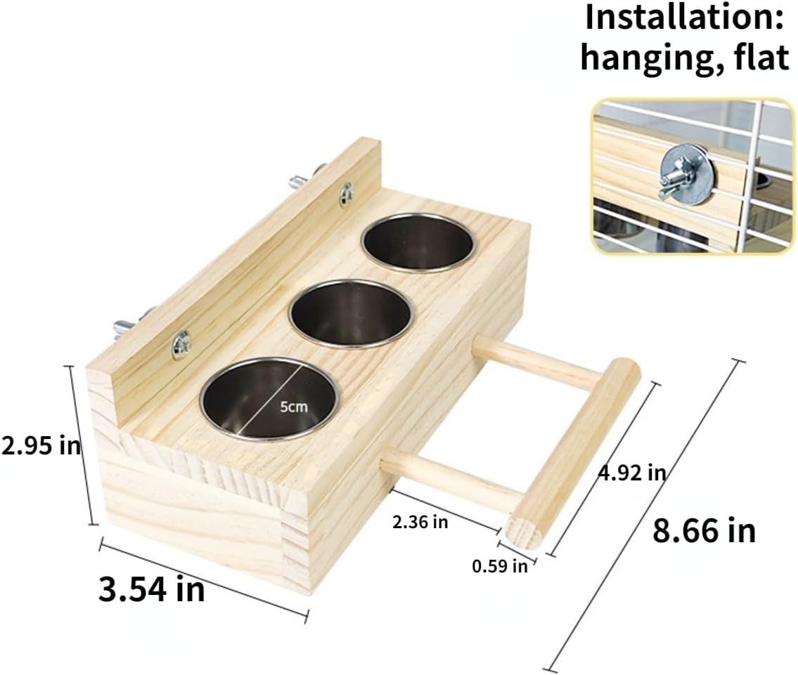 Bird Food Stainless Steel Cups Wooden Perch Stand Hanging Feeder Bowls Feeding and Watering Supplies for Parakeets Conures Cockatiels Budgie Parrot (with Three Cups)