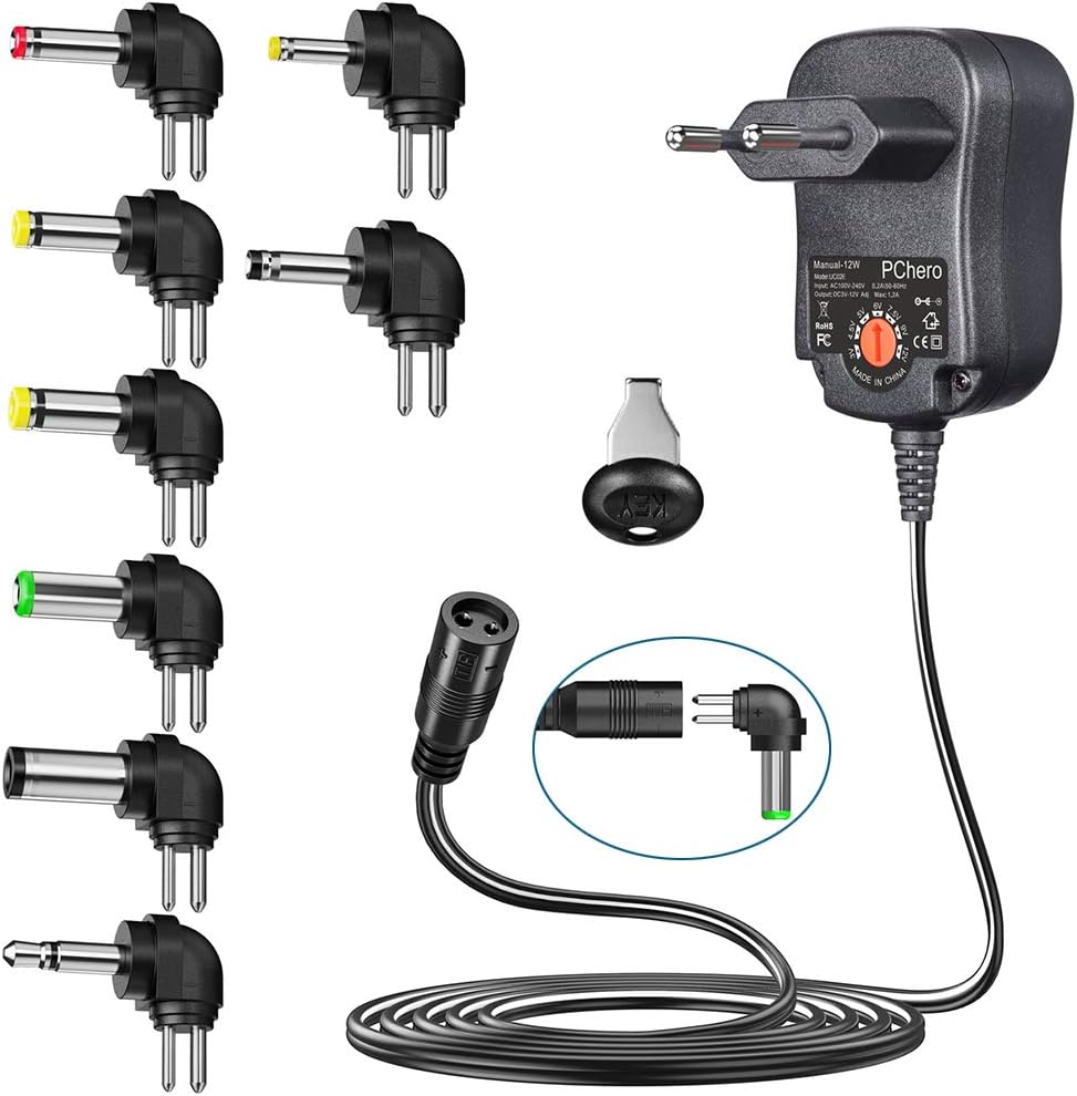 PChero 12W Universal AC/DC Power Supply with 8 DC Plugs, Suitable for Devices from 3 V to 12 V