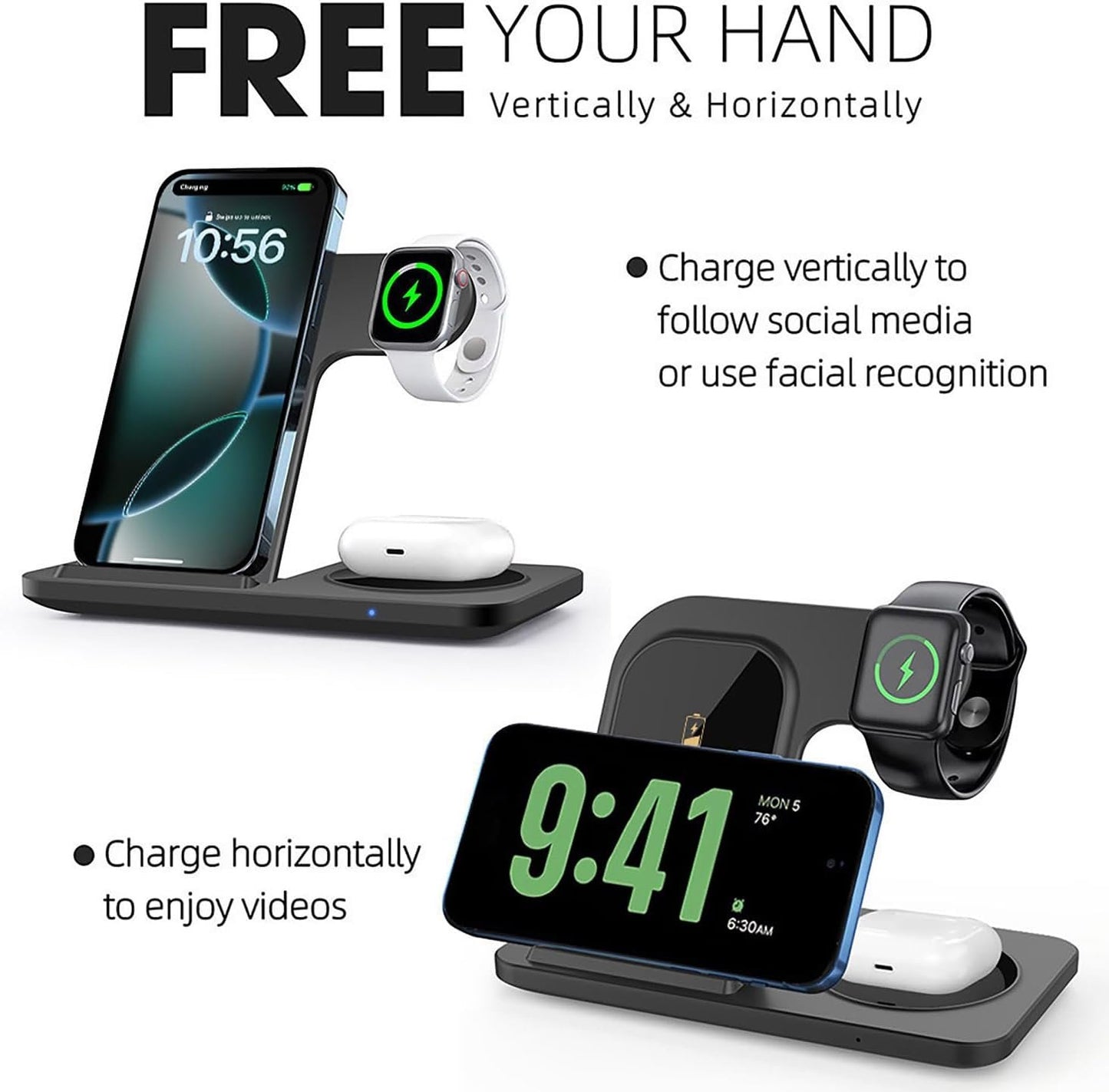 3 in 1 Wireless Charger Charging Station Foldable 15W Fast Charge Stand for iPhone 16 15 14 13 12 11 Pro Max XS XR 8 Plus,AirPods Pro2/4/3/2,Apple Watch Series 10/Ultra 2/9/8/7/6/SE/5/4/3/2,Black