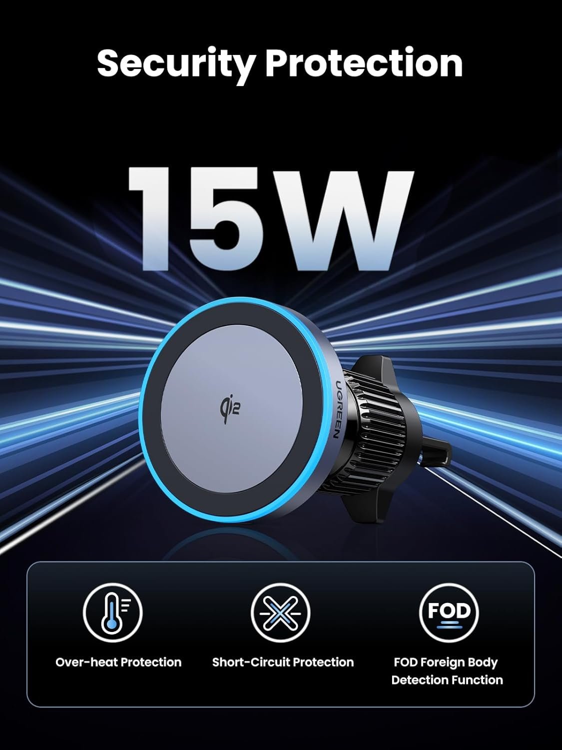 UGREEN for Qi2 15W MagSafe Car Charger, Fast Qi2-Certified Wireless Charging Mount, Magnetic Air Vent Holder, Compatible with iPhone 16/15/14/13/12 Series