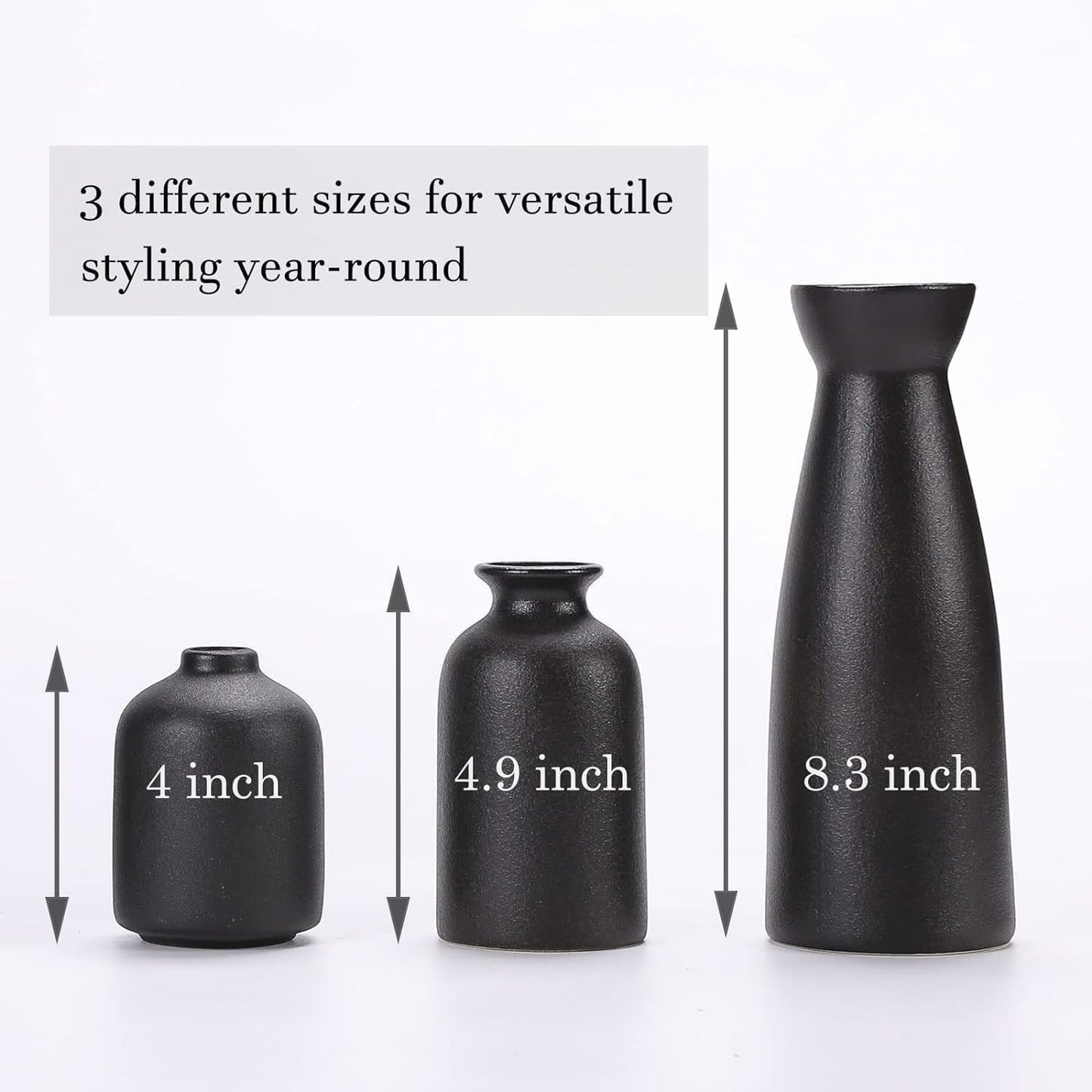 Fohouse Ceramic Vases for Home Decor, Small Flower Vase Set of 3 for Pampas Grass, Home, Living Room, Dining Table, Farmhouse, Office Decor, Bedroom, Table, and Kitchen Shelf, Black