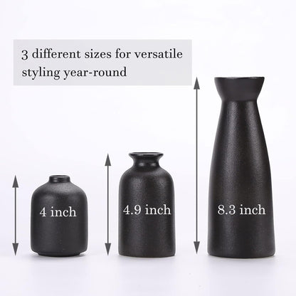 Fohouse Ceramic Vases for Home Decor, Small Flower Vase Set of 3 for Pampas Grass, Home, Living Room, Dining Table, Farmhouse, Office Decor, Bedroom, Table, and Kitchen Shelf, Black