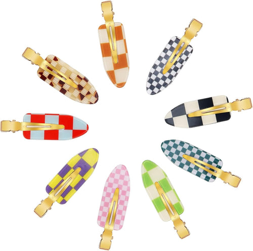 9PCS No Bend Hair Clips, Checkerboard No Crease Curl Pins, Acrylic Resin Flat Styling, Colorful Bang Seamless Duckbill Barrette for Makeup Hairstyle Accessories for Women Girls