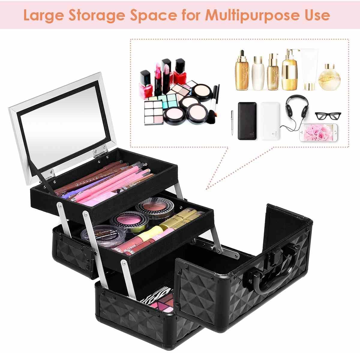 Cosmetic Beauty Case, Portable Lockable Makeup Jewelry Organizer, Travel Makeup Storage Box w/Mirror, Diamond Rose Gold, for Home Travel Gift (Black)