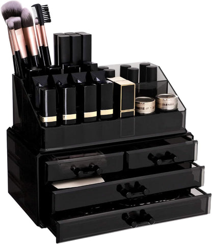 SONGMICS Makeup Organizer Makeup Organizer Stackable Acrylic Cosmetic Organizer with 4 Drawers for Eyeshadow Brushes Lipstick Nail Polish Gift Black JKA007BK
