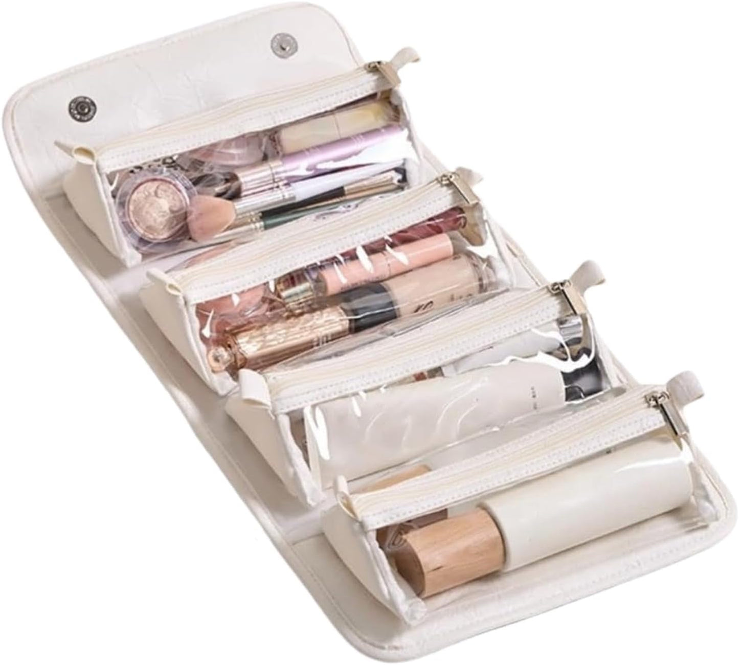 Toiletry Roll Up Travel Bag | Large Capacity Leather Waterproof Cosmetic and Makeup Bag | Open Flat 4 Detachable Clear Compartment Portable Toiletry Bag Pouch with Handle for Accessories, white,