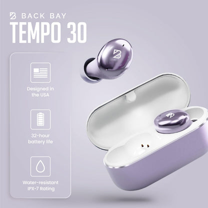 Tempo 30 Wireless Earbuds for Small Ears with Premium Sound, Comfortable Bluetooth Ear Buds for Women and Men, Purple Earphones for Small Ear Canals with Mic, IPX7 Sweatproof, Long Battery, Loud Bass