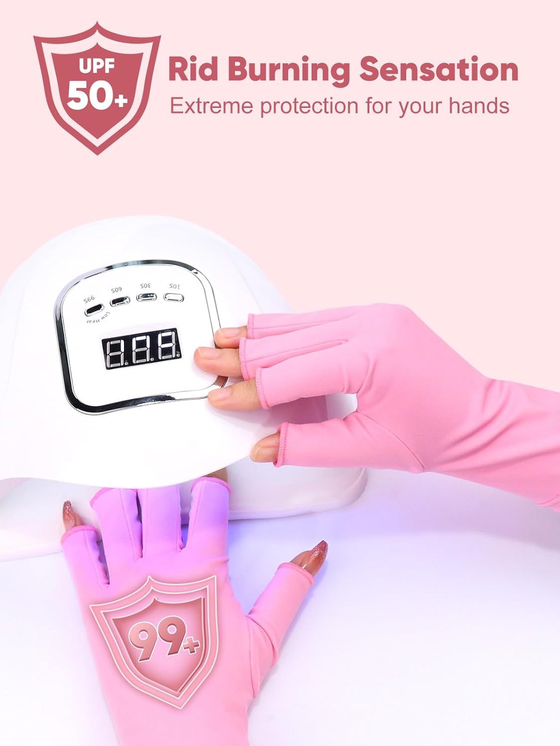 Beloving UV Gloves for Gel Nail Lamp, Professional UV Shield Glove Protection Gloves UPF 50+ for Manicures, Nail Art Skin Care, Anti-UV Fingerless Protect Hands from UV Light Harm, Pink