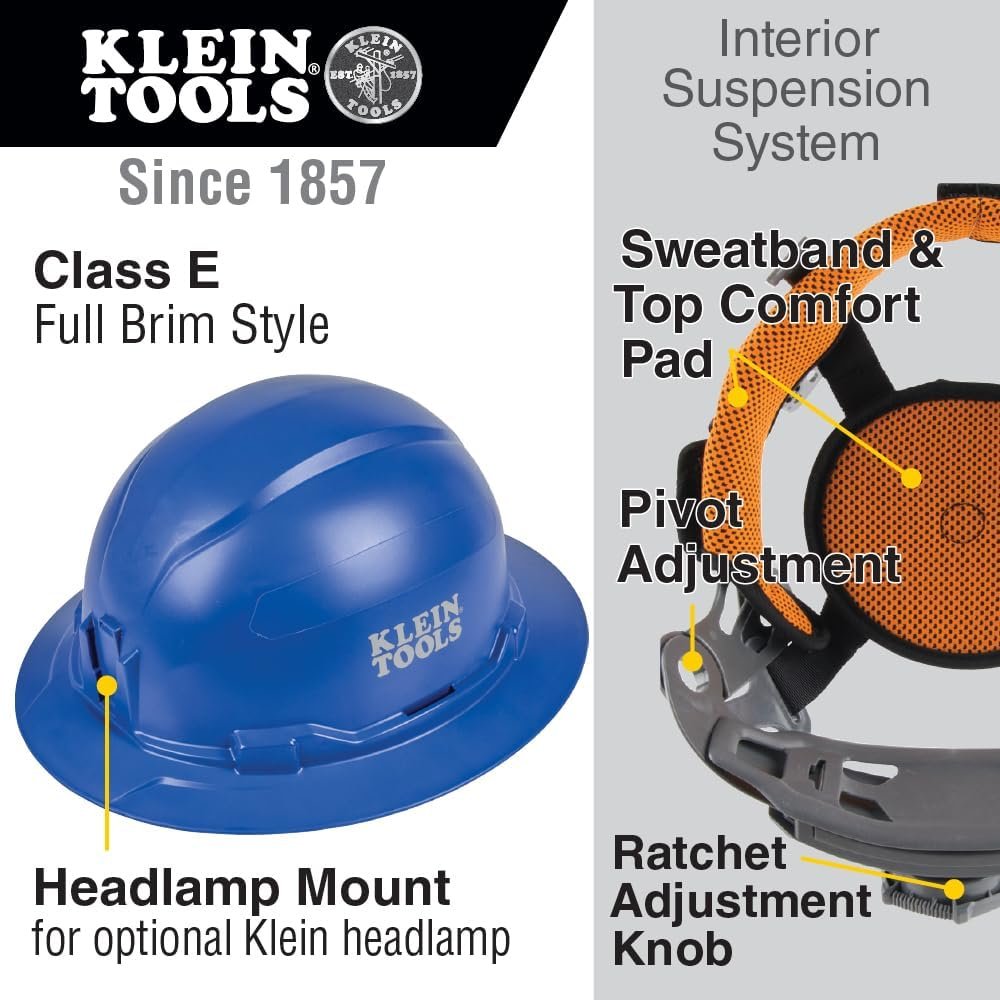Klein Tools 60249 Hard Hat, Non-Vented, Full Brim Style, Padded Self-Wicking Odor-Resistant Sweatband, Tested up to 20kV, Blue
