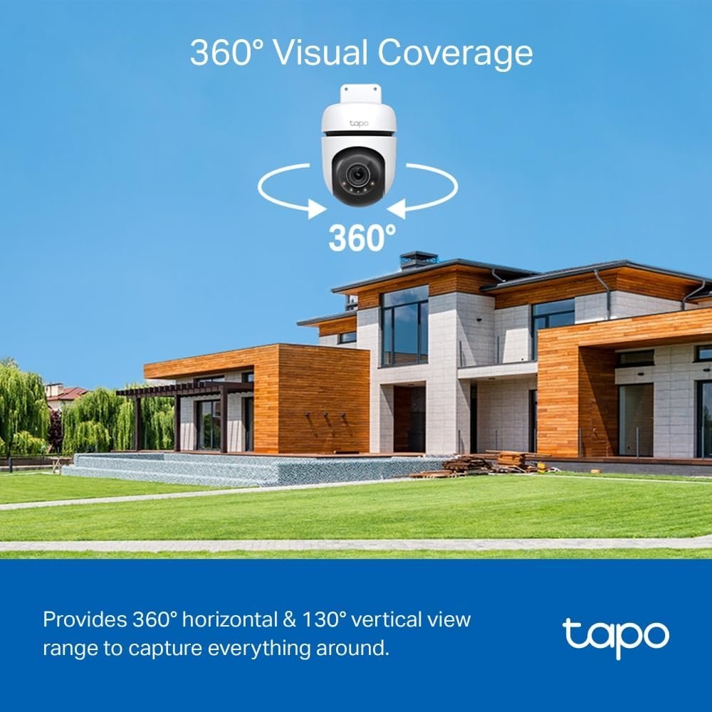 TP-Link Tapo Pan/Tilt Outdoor Security WiFi Camera, 2K, Full-Colour Night Vision, 360Â°, IP65, Smart AI Detection, Sound & Light Alarm, Up to 512 GB, SD Card Slot, No Hub Required (TC41)
