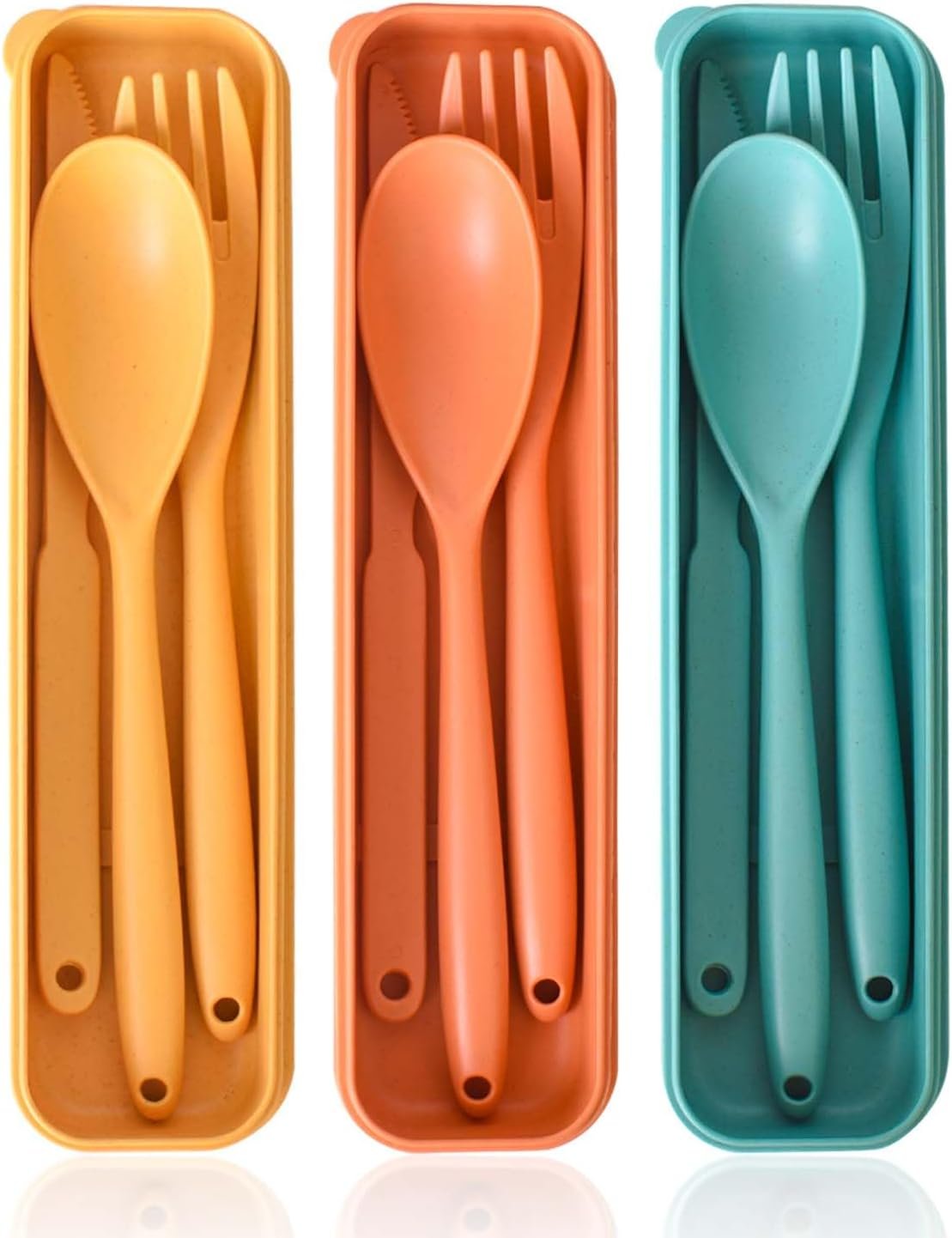 Large Travel Cutlery Set with Case, Portable Camping Utensils Reusable Plastic Knife Spoon and Fork Set, 3 Sets Travel Utensil Set for Lunch Box, Work, Picnic (Orange, Yellow, Dark Green)