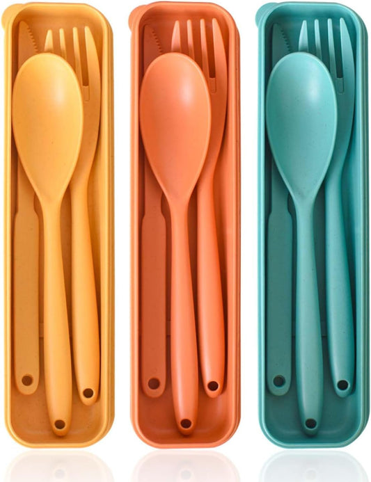 Large Travel Cutlery Set with Case, Portable Camping Utensils Reusable Plastic Knife Spoon and Fork Set, 3 Sets Travel Utensil Set for Lunch Box, Work, Picnic (Orange, Yellow, Dark Green)