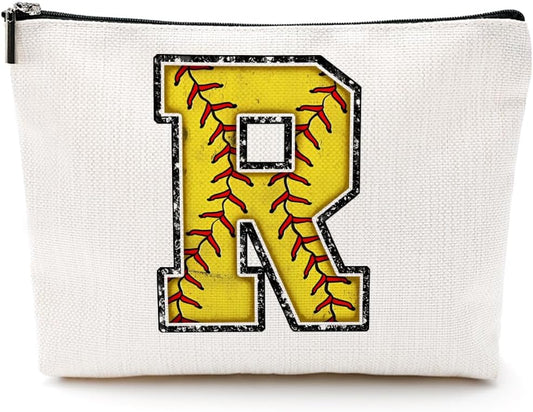 Initial Makeup Bag Monogrammed Cosmetic Bag Yellow Letter R Zipper Pouch Softball Accessories for Girls Women Player Coach Friend Graduation Birthday Gifts