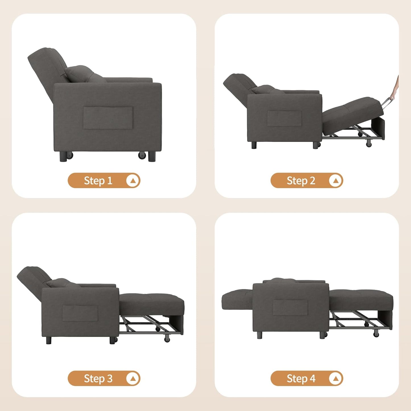 Bealife Relaxing Chair, Armchair Bed with Adjustable Backrest, Single Chair, Recliner Armchair for Living Room, Bedroom, Balcony and Office (Dark Grey)