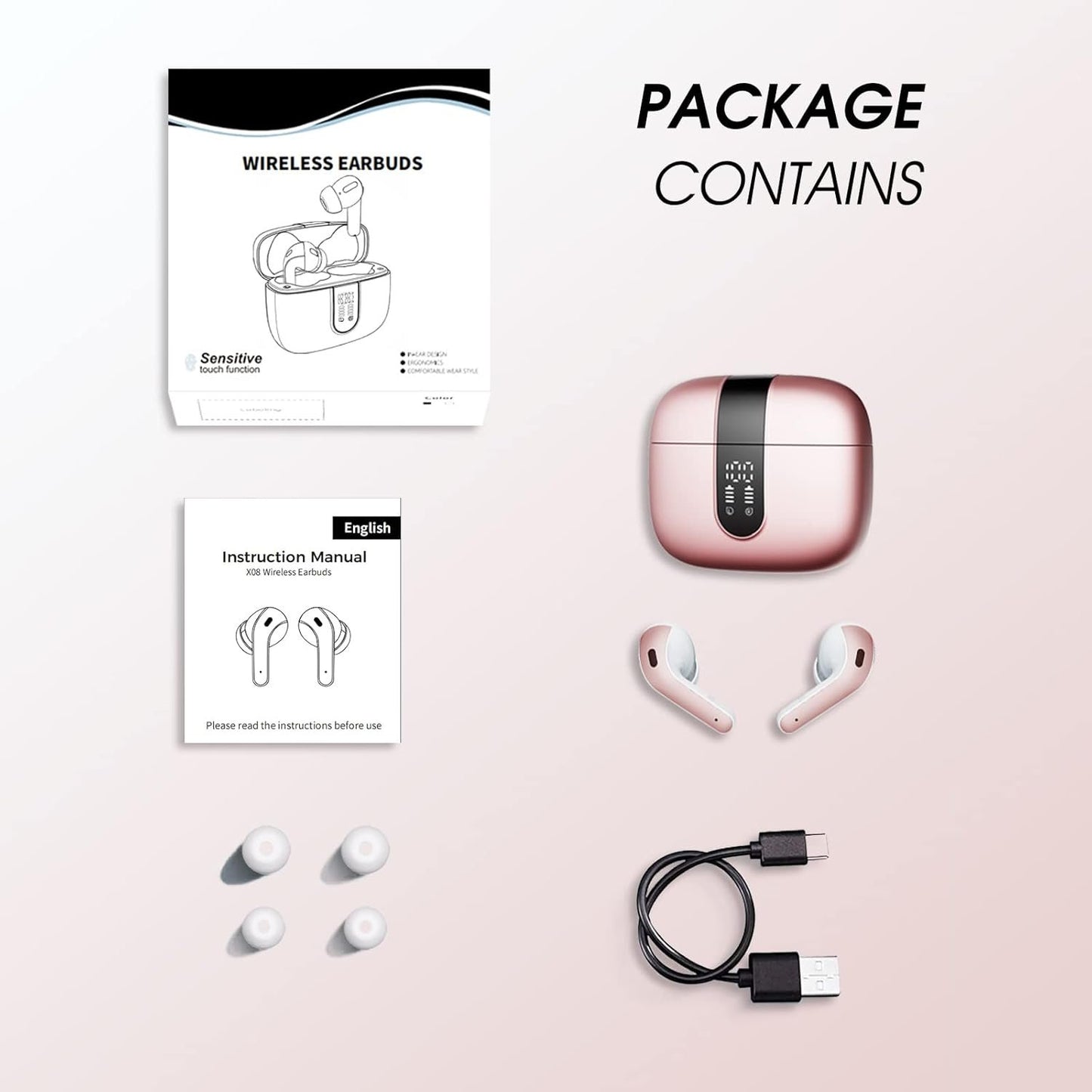 Wireless Earbuds, Bluetooth 5.3 Headphones with 4 ENC Call Noise Cancelling Mics, Bass Boost 85%, IPX7 Waterproof, 50Hrs Playtime, Mini Earbuds for Work, Sleep, Travel, USB-C, Rose