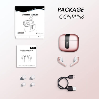 Wireless Earbuds, Bluetooth 5.3 Headphones with 4 ENC Call Noise Cancelling Mics, Bass Boost 85%, IPX7 Waterproof, 50Hrs Playtime, Mini Earbuds for Work, Sleep, Travel, USB-C, Rose