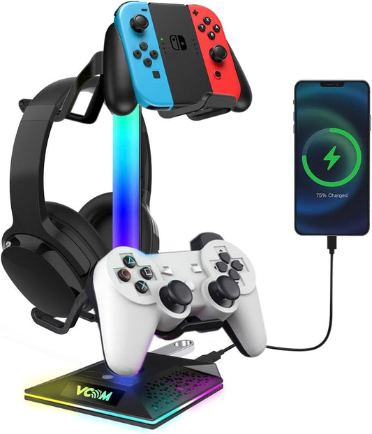 V RGB Gaming Headphones Stand with 2 USB Ports， Headset Stand with 10 Light Modes and Non-Slip Rubber, Suitable for All Earphone Accessories, Best Gift for Husband, Kids, Boyfriend