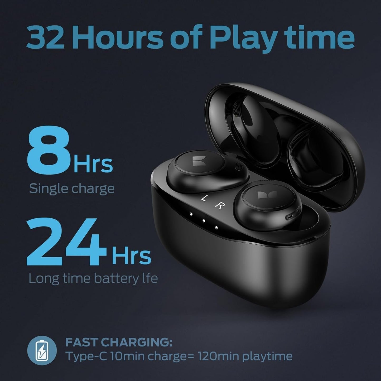 Monster Wireless Earbuds, Bluetooth 5.3 Headphones, Type-C Charging, HD Clear Call, Touch Control, IPX6 Waterproof, in-Ear Design, USB-C Fast Charging, 32H Playtime, Black