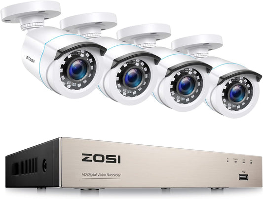 ZOSI 1080P Video Surveillance Kit, 8CH H.265+ DVR with 4X Outdoor Surveillance Cameras, 24 IR LEDs Night Vision, Motion Detection, Email Alert, IP66 Waterproof, No HDD, White