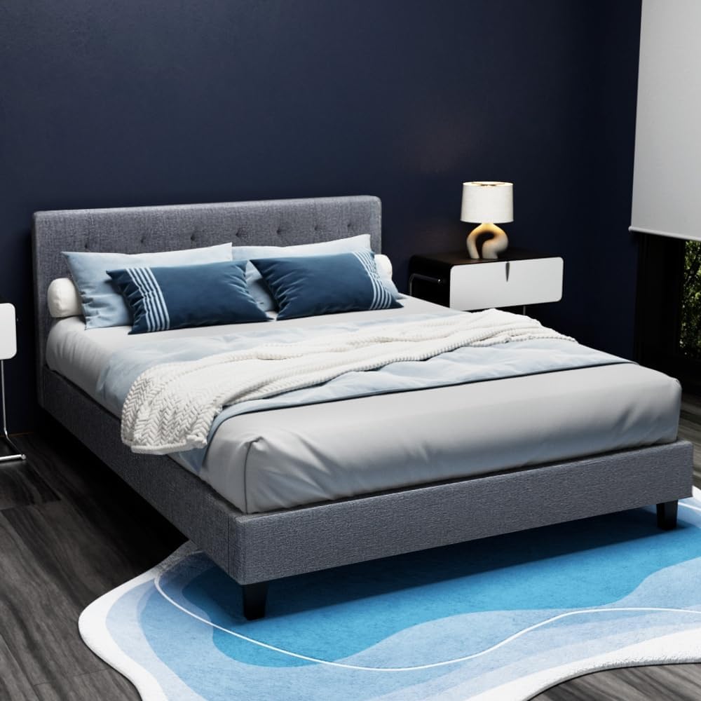 Artiss Queen Bed Frame Platform Tufted Headboard Wooden Frames Beds Base Bedroom Room Decor Home Furniture, Upholstered with Grey Faux Linen Fabric + Foam + Wood, Modern Design