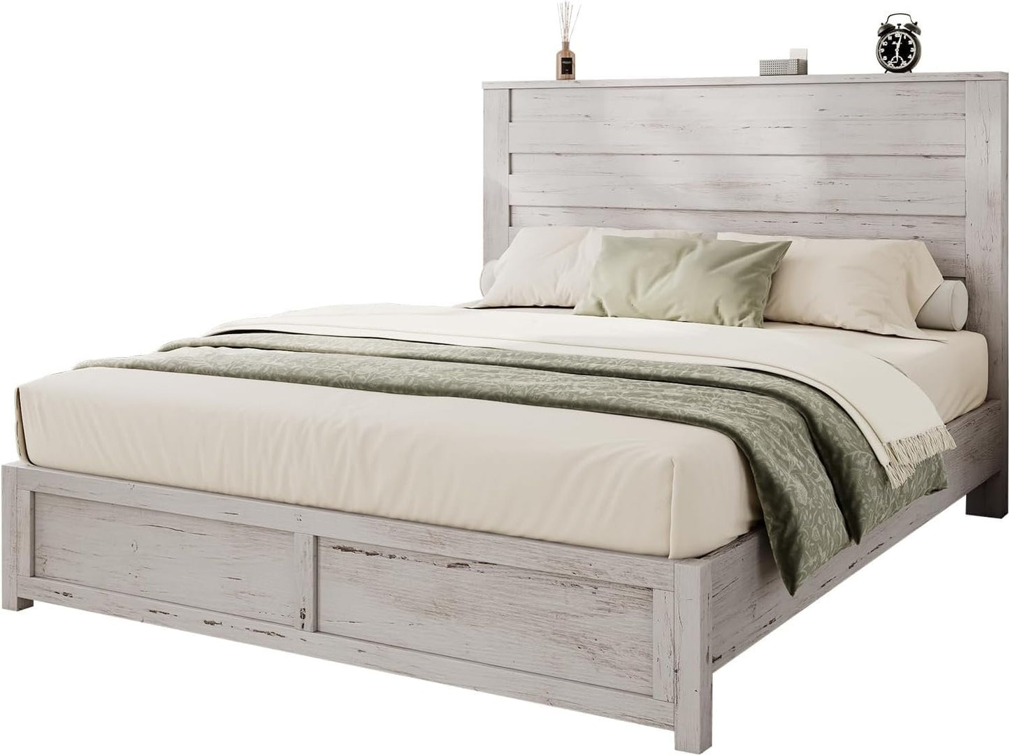 Jocisland Queen Size Platform Bed Frame with 49" Headboard, Farmhouse Bed Frame with Wood Slats Support/No Box Spring Needed/Easy Assembly, Distressed White