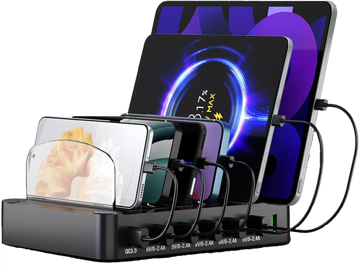 Sidiyang USB Charging Station 60W 6 Ports Multi Device Dock Desk Organizer Charge Station, with QC 3.0 Quick Charge, with Watch Stand for Phone/Tablets/Smartphones (Included 6 Cables)