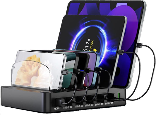 Sidiyang USB Charging Station 60W 6 Ports Multi Device Dock Desk Organizer Charge Station, with QC 3.0 Quick Charge, with Watch Stand for Phone/Tablets/Smartphones (Included 6 Cables)