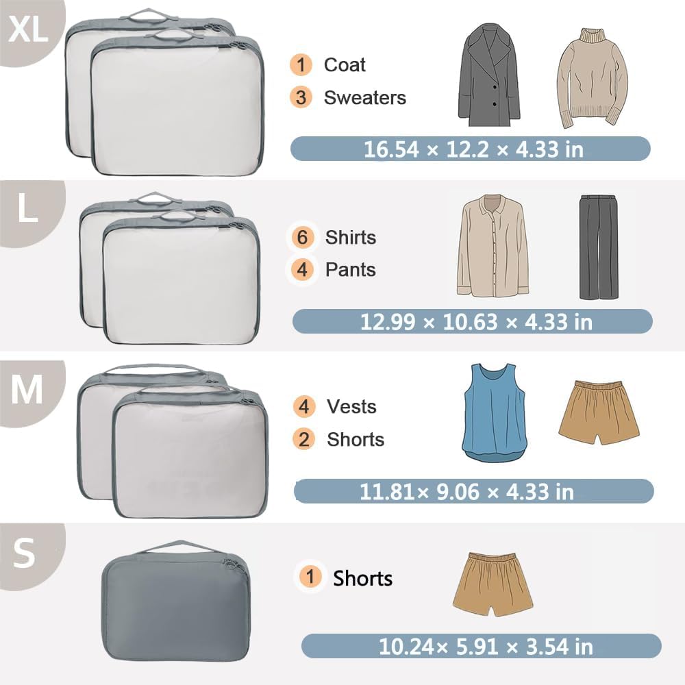 Packing Cubes, 7 Set Travel Packing Bags, Suitcase Organisers for Clothes, Travel Cubes Storage Bag Luggage Accessories (Grey, Packing Cubes + Underware Bag)