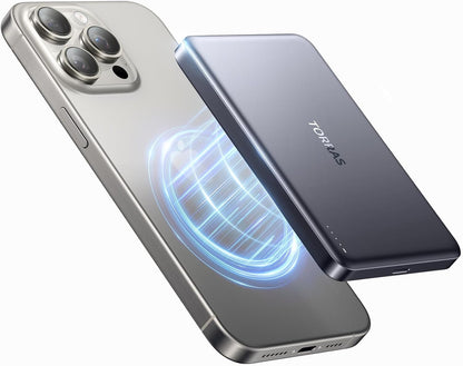 TORRAS MiniMag Power Bank,Ultra-Slim 10,000mAh Magnetic Wireless Portable Charger, 22.5W Fast Charging Battery Pack with USB-C Cable Designed for iPhone 16 Pro Max/16 Pro/16/15/14/13/12, Glacier Gray