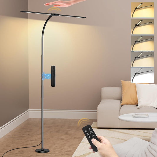 Woputne LED Floor Lamp, 14W Floor Lamp for Living Room, 5 Color Temperatures & 10 Brightness Standing Reading Lamp, Eye Caring Gooseneck Light with Remote Control & Gesture Control for Bedroom Office
