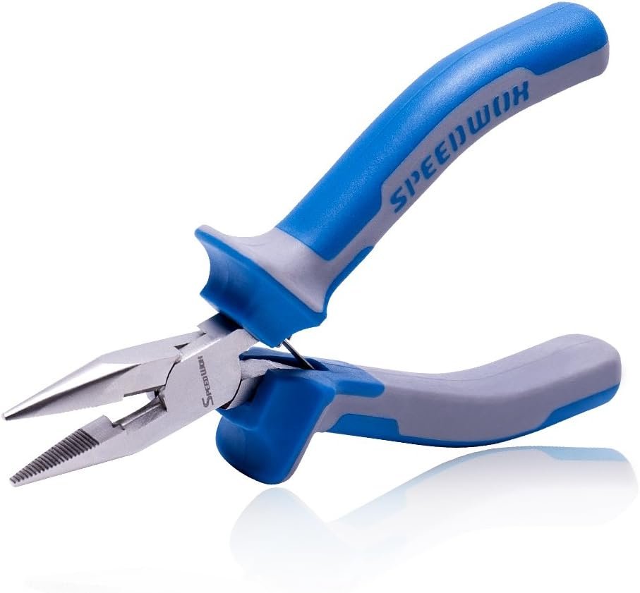 SPEEDWOX Long Nose Pliers Wire Cutters 5 inch Micro Side Cutting with Spring Fine Pliers Precision Small Jewelry Making Tool Serrated Jaws Professional Handle Craft Chrome Vanadium Steel
