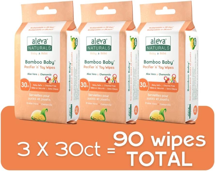 Aleva Naturals Bamboo Baby Pacifier and Toy Wipes - Natural and Organic Ingredients with Lemon Oil, Safely Cleans Bottles, Nipples, Cups, Extra Strong and Ultra Soft - Value Pack- 30ct x 3 (90 Wipes Total)