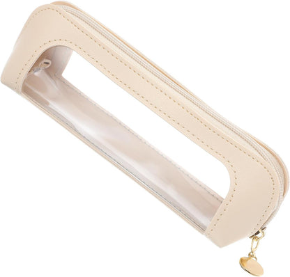 Clear Makeup Bag, Portable Transparent Cosmetic Organizer, PU Leather Makeup Brush Holder, Waterproof Travel Toiletry Pouch with Zipper for Women, Slim Makeup Case for Home, Office, Travel, Beige