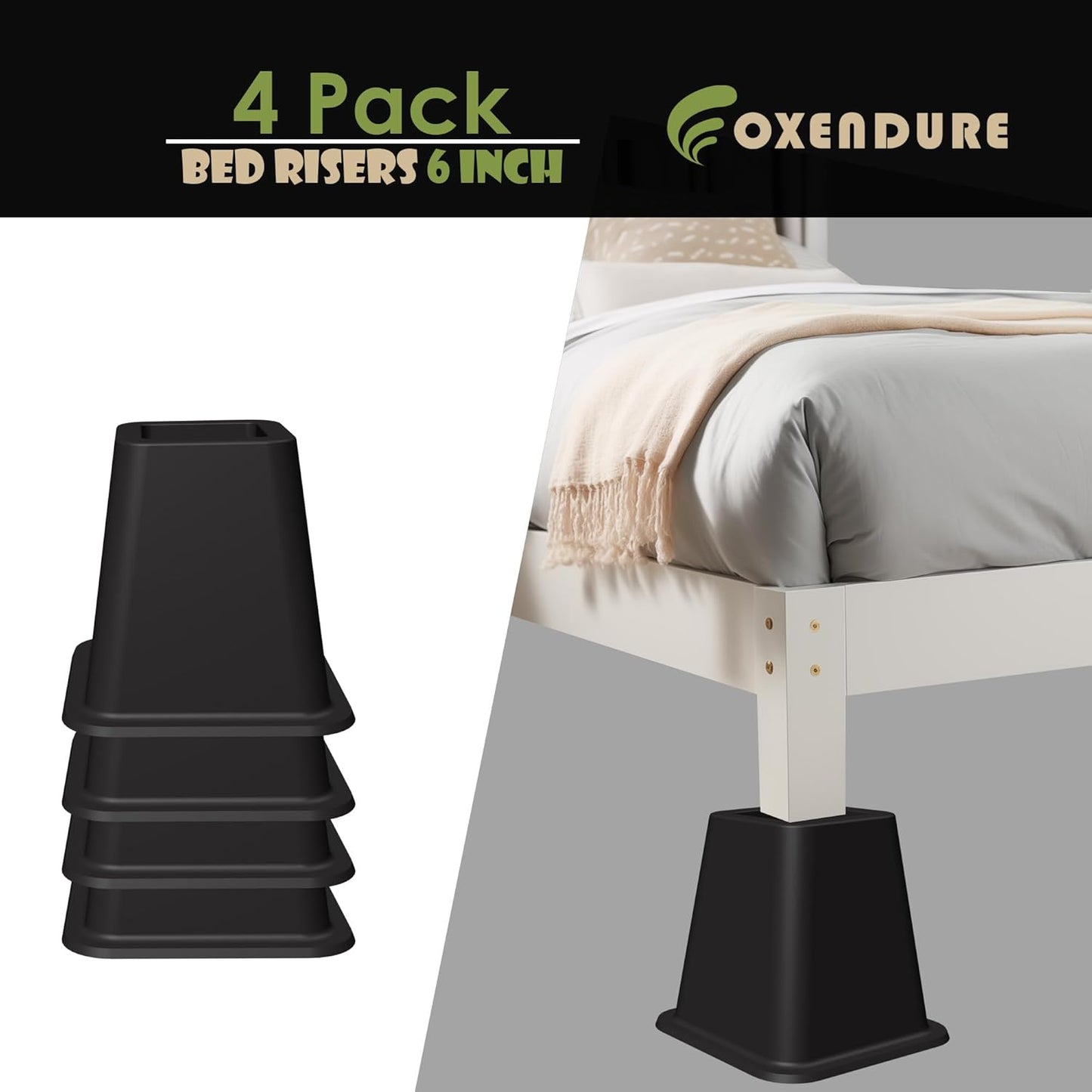 OXENDURE 6" Bed Furniture Riser - Versatile Bed and Furniture Risers - Heavy Duty - Supports 300lbs Each, Set of 4, Black