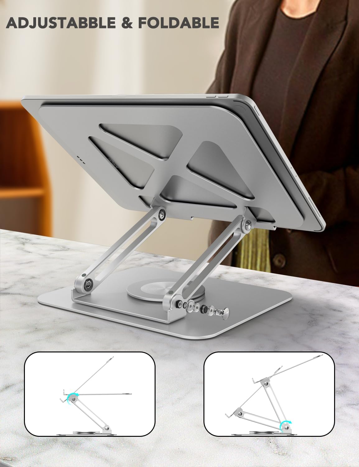 PHOCAR 360° Rotating Laptop Stand for Desk, Aluminum Foldable Laptop Holder, Adjusutable Laptop Riser Compatible with MacBook Air/Pro, DELL, Surface, HP, Acer, ASUS, Lenovo, Victus, up to 16''