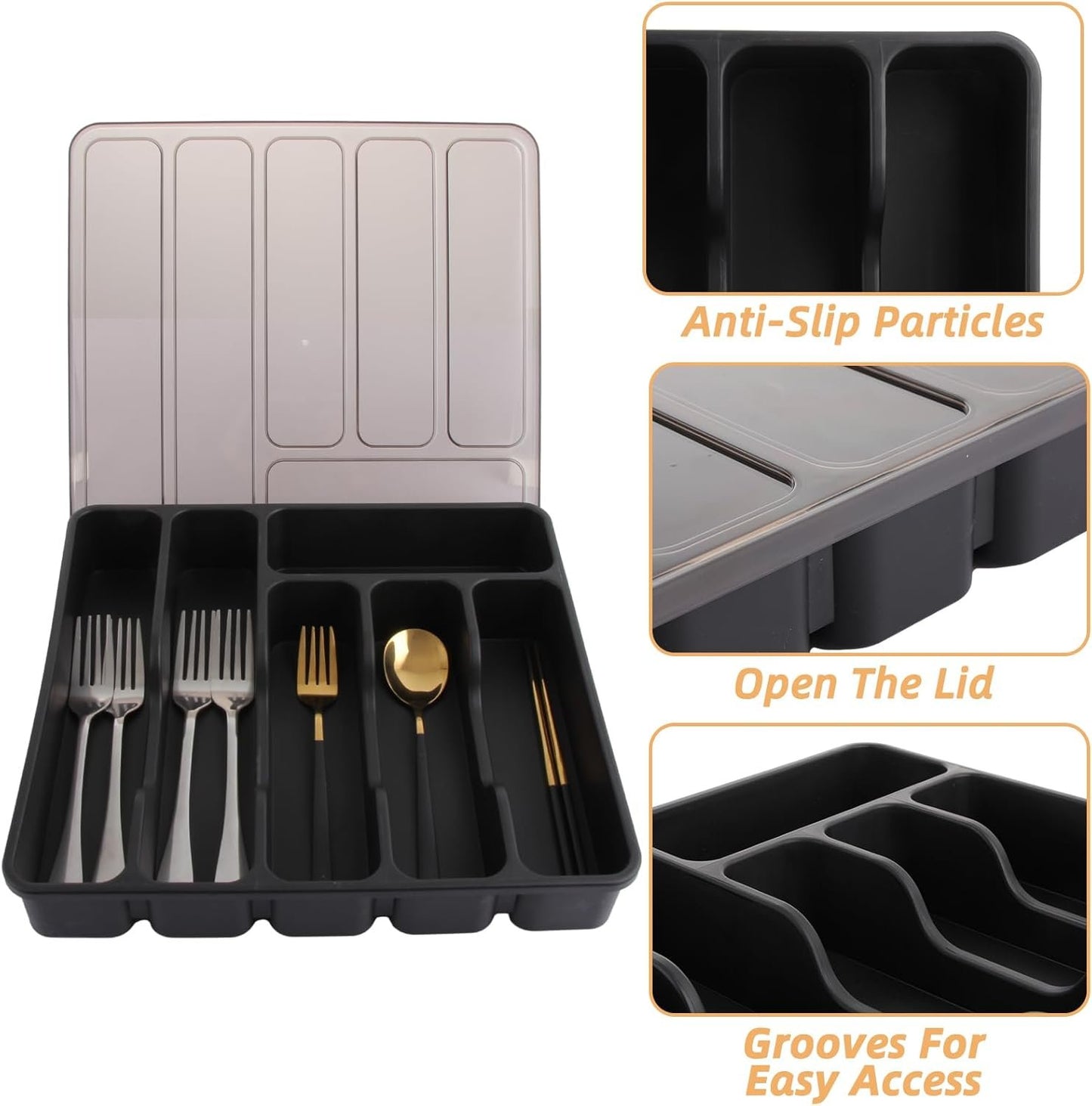 Silverware Organizer with Lid, Utensil Tray for Kitchen Drawer and Countertop, Plastic Cutlery and Flatware Storage Box for Spoons Forks Knives Holder Case, 6 Compartments, Black