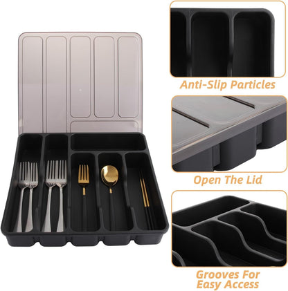 Silverware Organizer with Lid, Utensil Tray for Kitchen Drawer and Countertop, Plastic Cutlery and Flatware Storage Box for Spoons Forks Knives Holder Case, 6 Compartments, Black