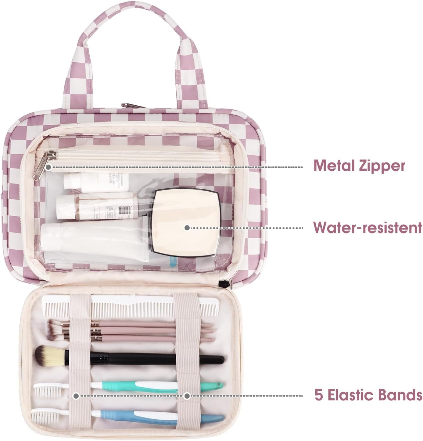 Narwey Full Size Checkered Toiletry Bag Women Travel Toiletries Bag Make Up Bag Large Cosmetic Makeup Organizer Bag for Travel Accessories Essentials (Dusty Rose Checkerboard)