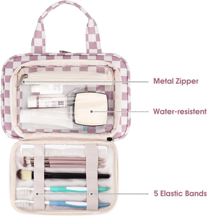Narwey Full Size Checkered Toiletry Bag Women Travel Toiletries Bag Make Up Bag Large Cosmetic Makeup Organizer Bag for Travel Accessories Essentials (Dusty Rose Checkerboard)
