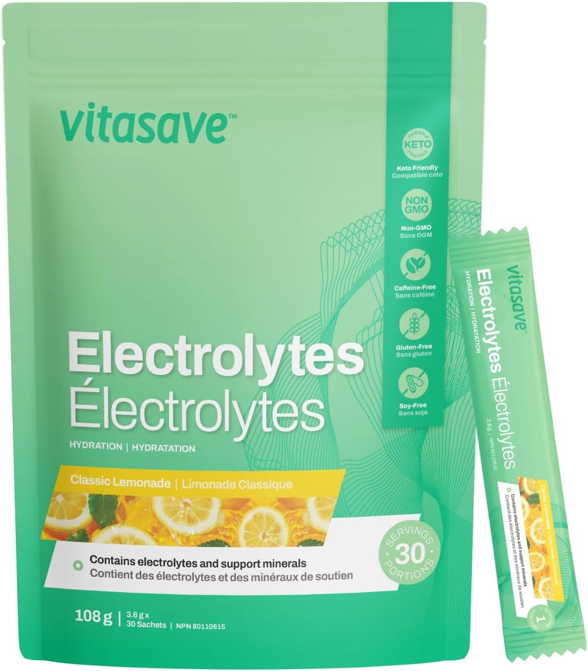 Vitasave Electrolyte Powder – Sugar-Free Hydration Drink Mix with Sodium & Magnesium – No Calories, Keto & Vegan-Friendly, Rapid Replenishment & Muscle Recovery – Classic Lemonade (108g, 30 Servings)