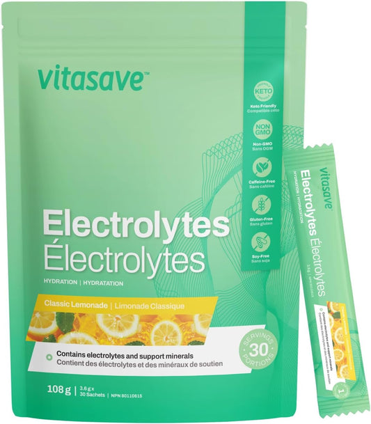 Vitasave Electrolyte Powder – Sugar-Free Hydration Drink Mix with Sodium & Magnesium – No Calories, Keto & Vegan-Friendly, Rapid Replenishment & Muscle Recovery – Classic Lemonade (108g, 30 Servings)