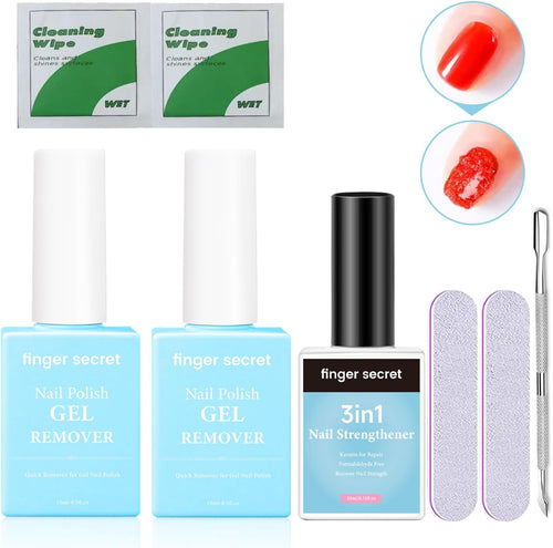 Finger Secret Nail Polish Gel Remover & 3in1 Nail Strengthener Professional Nail Care Combo with Wet Wipes for Efficient Gel Remover and Nail Strengthening Ideal for Home and Salon Use.