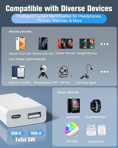 USB Charger 5 V 1 A 2 Ports USB C + A Power Plug Charging Socket Charger for iPhone, Samsung Mobile Phone, MP3, eBook Reader (Thickness 1.5 cm/5packs)